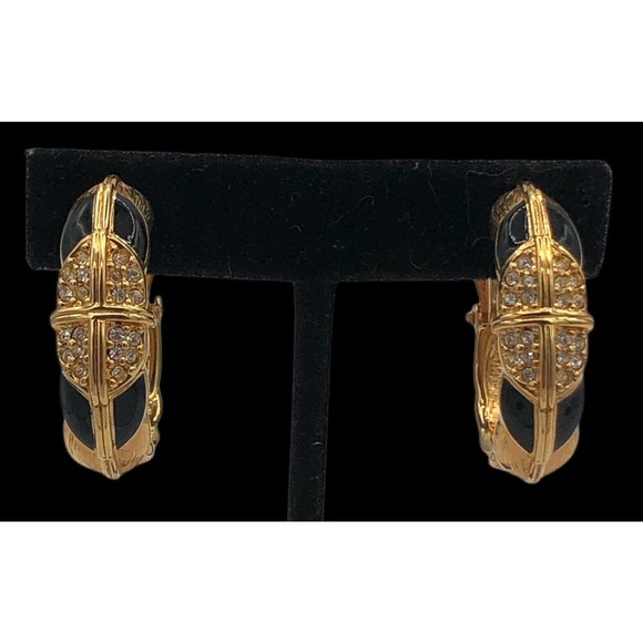 Swarovski Brand Gold Plated Black Enamel Clear Crystal Hoop Clip-On Earrings - Picture 7 of 9